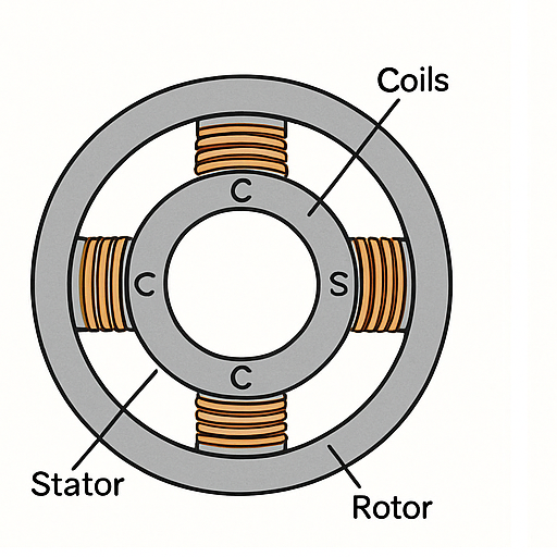 Cutaway diagram of a bipolar stepper motor showing stator, rotor, and coils