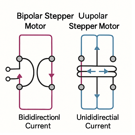 Comparison diagram showing current paths in bipolar and unipolar stepper motors