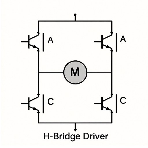 Simplified H-bridge driver schematic for controlling stepper motor coil polarity