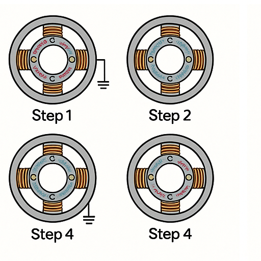 4-step excitation sequence with rotor response shown per step